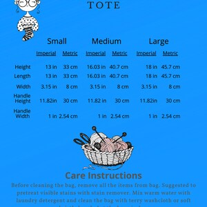 May include: A blue graphic with the text "REFINED CLASSIC TOTE" and size details in inches and centimeters for small, medium, and large bags. Includes care instructions and a drawing of a basket with yarn.