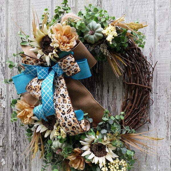 Everyday Wreath,  Cheetah Decor, Fall Wreath, Shabby Chic, Front Door Decor,  Entryway decor, Grapevine Wreath,  Floral decor, Autumn Floral