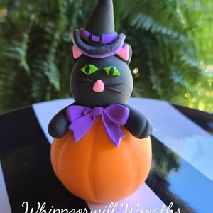 Cat pumpkin Halloween decor, cat with witch hat, Spooky cat tiered tray decor, photography prop, whimsical Halloween decoration, fall decor