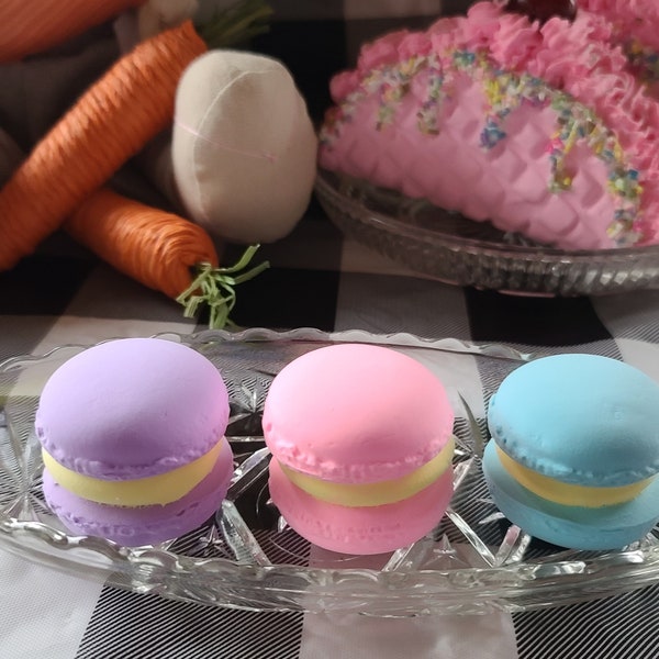 Faux pastel macarons, Easter macarons,  faux sweets,  fake bakes, Easter cookies, photography food props, tiered tray coffee bar decor