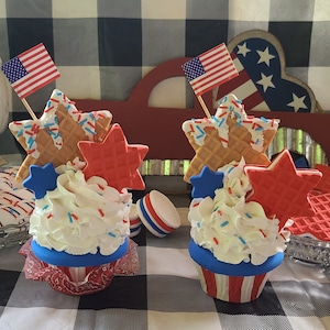 Faux 4th of July cupcakes, faux sweets, fake Americana cupcakes, 4th of July decor, tiered tray decor, photography props, sweet shop decor