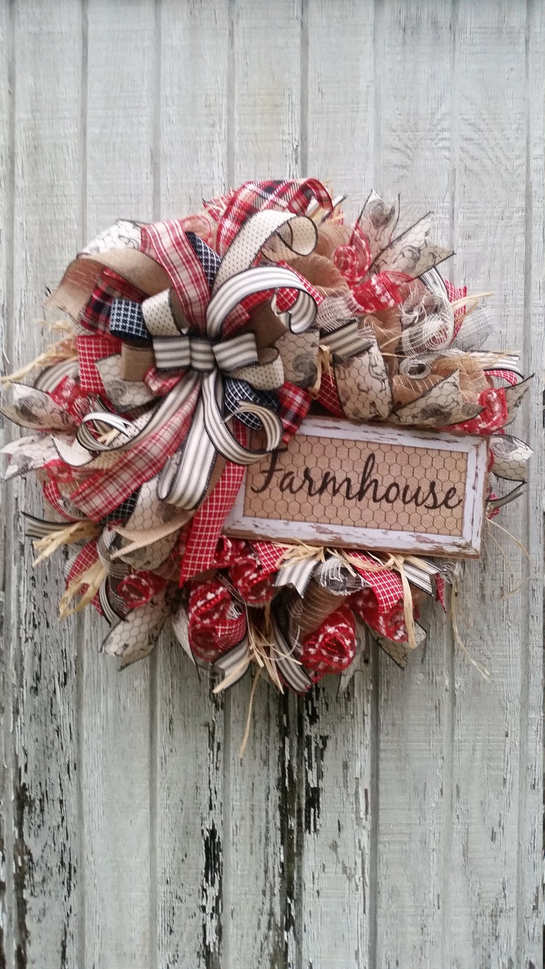 Buffalo Plaid Burlap Farm Wreath Plaid gingham chicken wire wall decor wooden sign Rustic Farmhouse Country Wreath for Front Door Decor