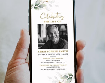 Digitale Trauereinladung | Feier des Lebens Telefon einladen | Erinnerungs Evite | Bearbeitbare elektronische Beerdigungstextnachricht e-invite | Korjl