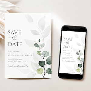 Serenity - Save The Date Vorlage, Eukalyptus Hochzeit, digitaler Download, modernes bearbeitbares Greenery Save the Date | Speichern Sie die Datumsvorlage