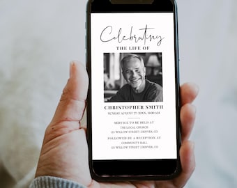 Digitale Trauereinladung | Feier des Lebens Telefon einladen | Erinnerungs Evite | Bearbeitbare elektronische Beerdigungstextnachricht e-invite | Korjl