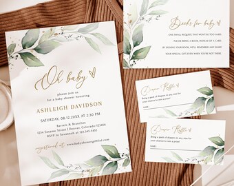 KAI - Editierbares Grün & Gold Babypartyeinladungs-Paket | Template-Paket DOWNLOAD