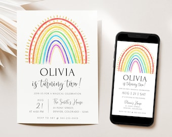 Bearbeitbare Regenbogen-Geburtstagsfeier-Einladung & E-Einladung, druckbare Mädchen-Geburtstagsfeier einladen, Regenbogen-Geburtstagsfeier einladen | Sofortiger Zugriff