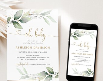 Bearbeitbare Grün & Gold Eukalyptus-Babyparty-Einladungsvorlage DIGITALE Datei | Korjl