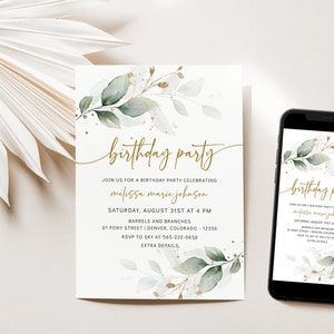 Greenery Eucalyptus Birthday party invite template | Green & Gold b'day Invite | boho bday evite | outdoor leaves electronic invitation