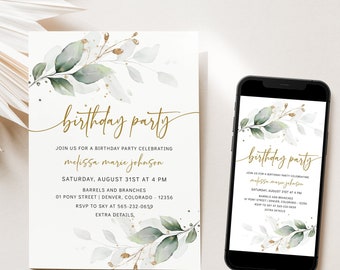 Greenery Eukalyptus Geburtstagsparty einladen Vorlage | Grün & Gold b'day Invite | Boho Geburtstags Einladung | im Freien lässt elektronische Einladung ein