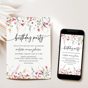 NYRA - Wildflower Birthday party invite template | Garden Flower Birthday Invite | boho bday evite | Little wildflower electronic invitation