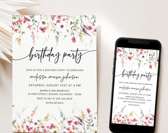 NYRA - Wildblumen Geburtstagsparty einladen Vorlage | Blumen Geburtstag einladen | Boho Geburtstags Einladung | Kleine Wildblumen Einladungskarte
