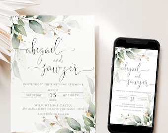 Greenery Wedding Invitation Template, Editable Wedding Template, Greenery Wedding Invitation, Eucalyptus Invitation , Green and Gold Invite