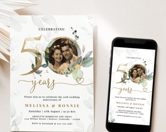 Einladung zum 50. Jahrestag | Hochzeit Jahrestag Einladen | Grün und Gold Eukalyptus Einladung Printable | Bearbeitbare Vorlage