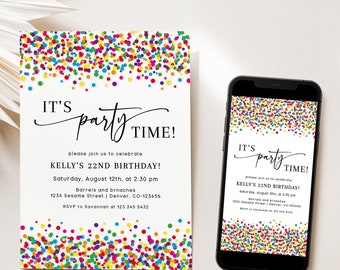 Bearbeitbare Konfetti-Geburtstagseinladungsvorlage | Farbige Party Einladung Konfetti | Bunte Streuseln Let's Party Einladung Vorlage