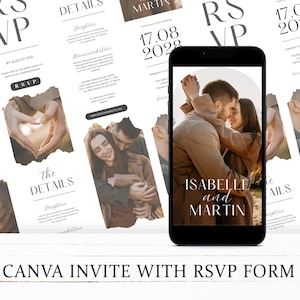 WEB Invitation Modern Minimalist Template with Trackable RSVP | Digital Wedding Website Announcement with Online Registry Response Form