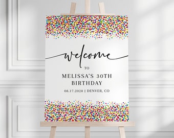 Buntes Konfetti Willkommensposter | Regenbogen Funfetti Geburtstag Willkommensschild | Regenbogen Streuseln Willkommensschild | Vollständig bearbeitbare Vorlage | Korjl