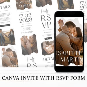 WEB Invitation Modern Minimalist Template with Trackable RSVP | Digital Wedding Website Announcement with Online Registry Response Form