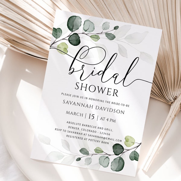 Eucalyptus Bridal Shower invitation Template, Electronic Editable Floral Bridal Shower, Digital Download, Printable Greenery Bridal Shower