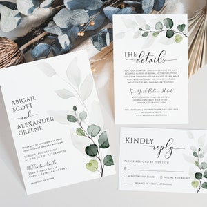Serenity - sjabloon bruiloft uitnodiging, boho bruiloft groen sjabloon, bruiloft uitnodigingssuite, eucalyptus uitnodiging, RSVP en details kaart