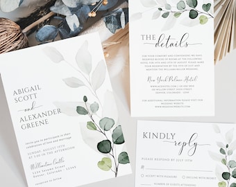 Serenity - Wedding Invite Template, Boho Wedding Greenery Template, Wedding Invitation Suite, Eucalyptus Invitation, RSVP and Details Card