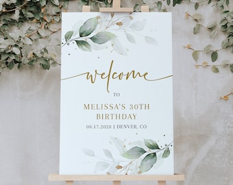 Greenery Willkommen Poster | Eukalyptus Geburtstag Willkommensschild | Boho Willkommensschild | Vollständig bearbeitbare Grün- und Goldvorlage | Korjl