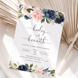 NILA Blue Navy and Pink Wedding Invitation Template, Blue Navy and Blush pink Flowers Printable Wedding invites, Editable e-invites image 3