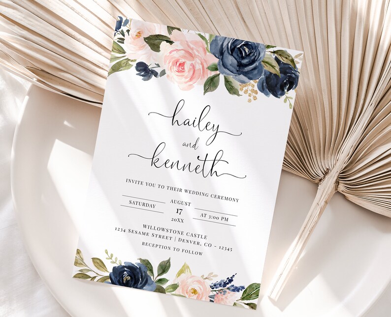 NILA Blue Navy and Pink Wedding Invitation Template, Blue Navy and Blush pink Flowers Printable Wedding invites, Editable e-invites image 3