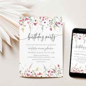 NYRA - Wildflower Birthday party invite template | Garden Flower Birthday Invite | boho bday evite | Little wildflower electronic invitation