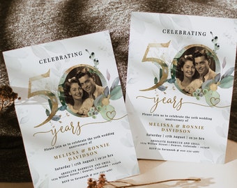 Einladung zum 50. Jahrestag | Hochzeit Jahrestag Einladen | Grün und Gold Eukalyptus Einladung Printable | Bearbeitbare Vorlage