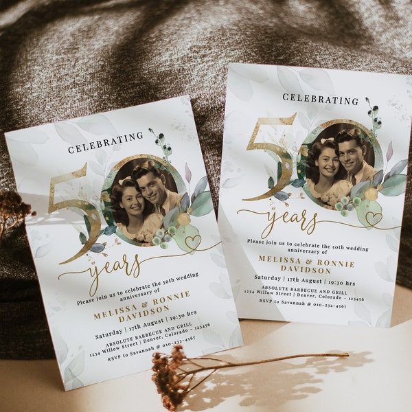 50th Anniversary Invitation | Greenery Wedding Anniversary Invite | Green and Gold Eucalyptus Invitation Printable | Editable Template