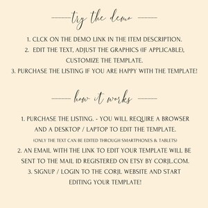 May include: Instructions on how to use a digital template for a printable design. The text explains how to access the demo, edit the template, and purchase the listing. It also explains that a browser and desktop or laptop are required to edit the template.