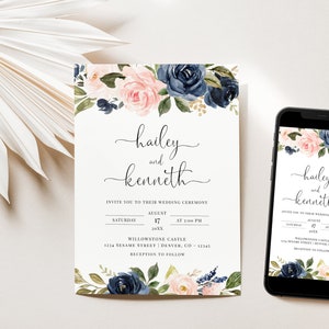 NILA Blue Navy and Pink Wedding Invitation Template, Blue Navy and Blush pink Flowers Printable Wedding invites, Editable e-invites image 2