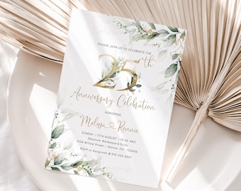 ELLA 25th Jubiläumseinladung | Hochzeit Jahrestag Einladen | Grün und Gold Eukalyptus Einladung Printable | Bearbeitbare Vorlage