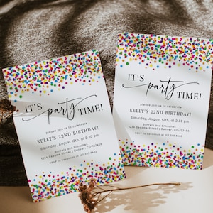 May include: A colorful confetti background with a white invitation card. The invitation card says "It's party time!" and includes details for Kelly's 22nd birthday party. The party is on Saturday, August 12th at 2:30 pm at Barrels and Branches, 1234 Sesame Street, Denver, CO-123456. RSVP to Savannah at 123.345.5432.