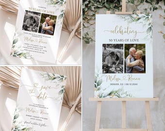 Einladung zum 50-jährigen Jubiläum, Save the Date und Willkommensposter | Hochzeit Jahrestag Einladen | Grün und Gold Eukalyptus Template