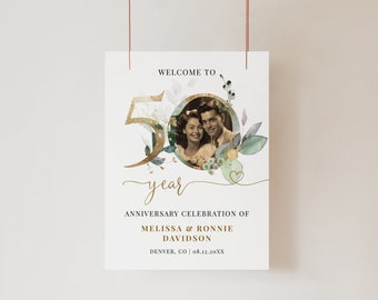 Willkommensschild zum 50-jährigen Jubiläum | Hochzeitstag Poster | Grün und Gold Eukalyptus Signage Printable | Bearbeitbare Vorlage | Zum Selbermachen