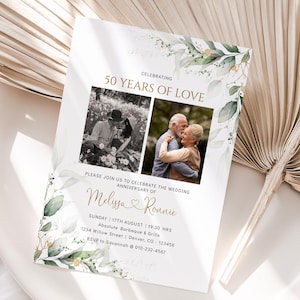 50th Anniversary Invitation | Greenery Wedding Anniversary Invite | Green and Gold Eucalyptus Invitation Printable | Editable Template