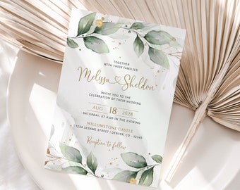 Greenery Wedding Invitation Template, Editable Wedding Template, Greenery Wedding Invitation, Eucalyptus Invitation , Green and Gold Invite