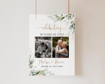 Willkommensschild zum 50-jährigen Jubiläum | Hochzeitstag Poster | Grün und Gold Eukalyptus Signage Printable | Bearbeitbare Vorlage | Zum Selbermachen