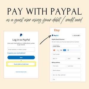 May include: Screenshot of a PayPal checkout page on Etsy. The page shows the option to log in to PayPal or pay by debit or credit card. The total amount is $3.53 USD.