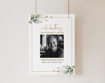 Greenery Beerdigung Gedenkschild Vorlage | Vollständig bearbeitbares minimalistisches Willkommensposter | Grün und Gold Loving Memory Signage | Sofort Download
