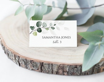 Watercolor Greenery Wedding Place Cards | Eucalyptus Leaves Wedding Template | Elegant Name Cards | Printable Editable Escort Card | Corjl