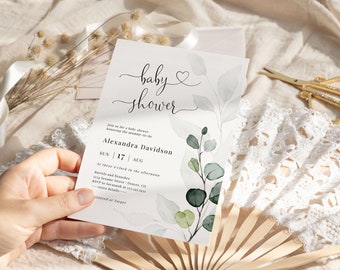 Invitation modifiable de baby shower de verdure | Faire-part de douche neutre en feuilles d'eucalyptus | Invitation minimale | Téléchargement instantané