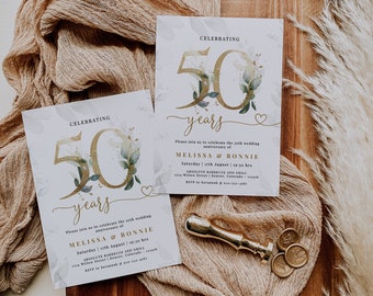 faire-part 50e anniversaire | Faire-part d'anniversaire de mariage de verdure | Invitation d'eucalyptus vert et or à imprimer | Modèle modifiable