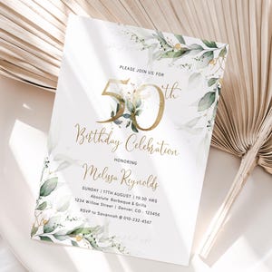 Modello di invito per festa di compleanno ELLA Greenery Eucalyptus / Invito per compleanno verde e oro / Invito per compleanno boho / Foglie da esterno 50° compleanno