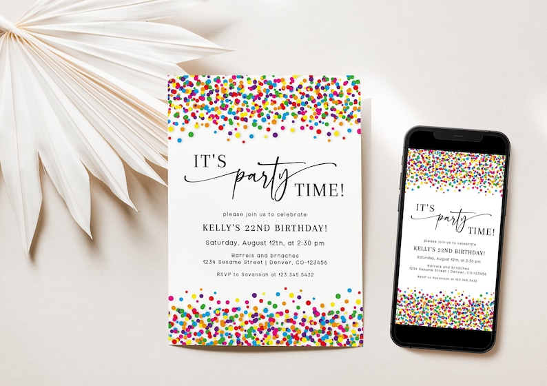 May include: A colorful confetti birthday party invitation with the text "IT'S party TIME!" and the details of Kelly's 22nd birthday party. The invitation is printed on white cardstock and has a colorful confetti design.