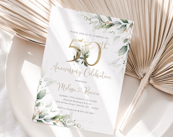 ELLA 50. Jahrestag Einladung | Hochzeit Jahrestag Einladen | Grün und Gold Eukalyptus Einladung Printable | Bearbeitbare Vorlage