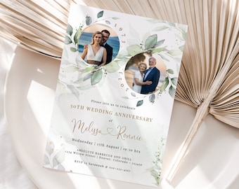 Einladung zum 50. Jahrestag | Hochzeit Jahrestag Einladen | Grün und Gold Eukalyptus Einladung Printable | Bearbeitbare Vorlage