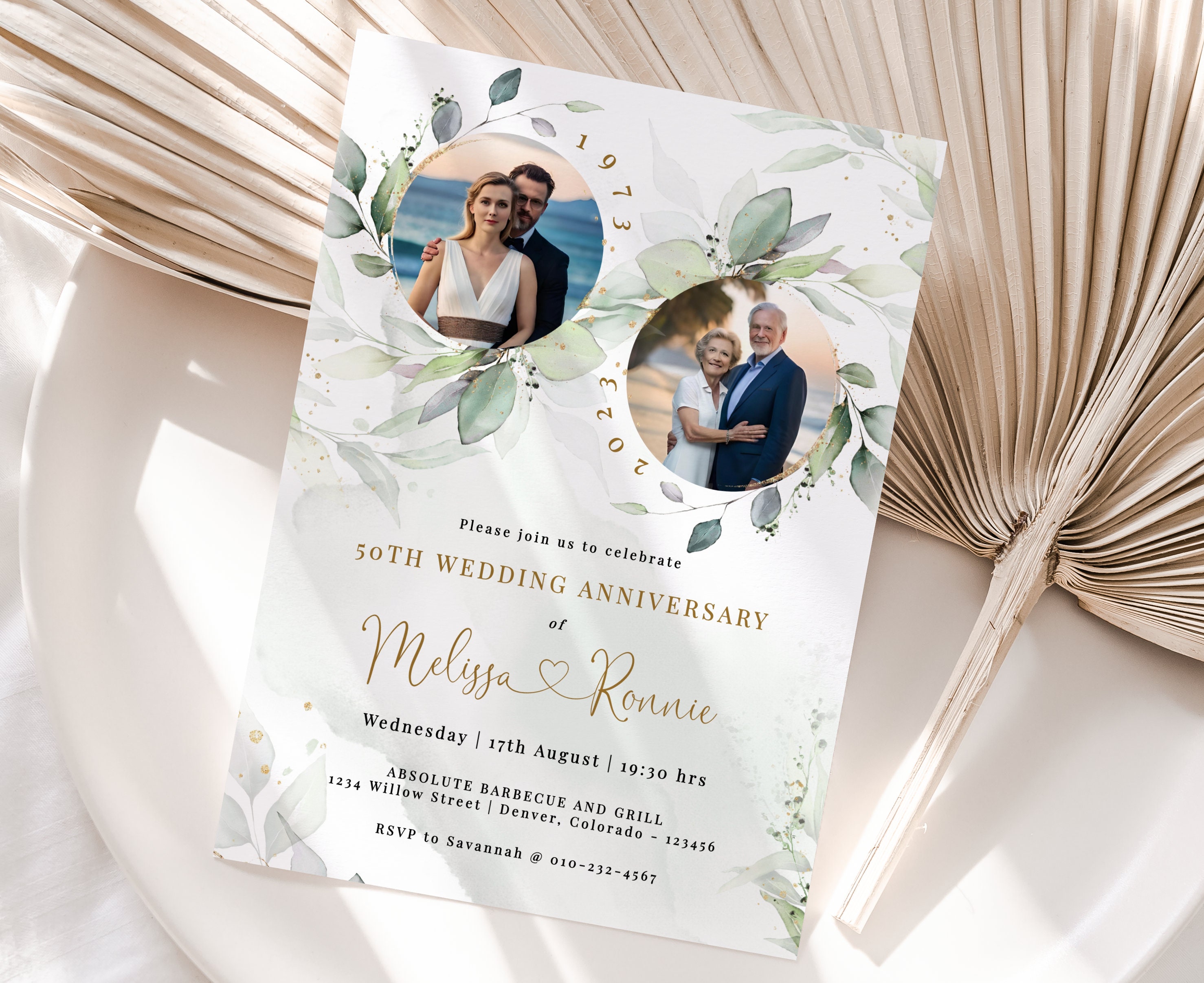 50th Anniversary Invitation | Greenery Wedding Anniversary Invite | Green  and Gold Eucalyptus Invitation Printable | Editable Template - Etsy, image size:2956x2414